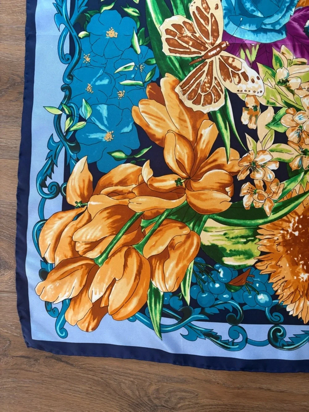 Floral Garden Silk-Feel Square Scarf in Navy & Orange